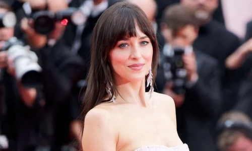 Dakota Johnson in a sleek, modern look for her 2026 projects, including the psychological thriller "Verity."