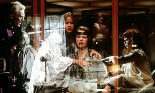 A dramatic scene from Exorcist II: The Heretic featuring Linda Blair.