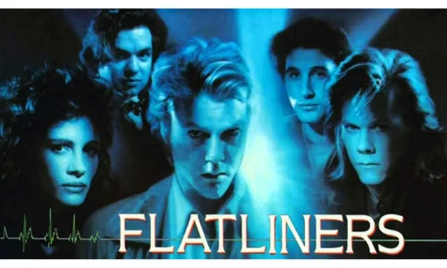 Movie poster for the 2017 Flatliners remake showing the main cast's faces transitioning into skulls.