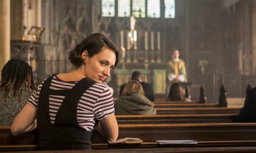 This image features Phoebe Waller-Bridge in her role as the main character in the television series Fleabag. 
