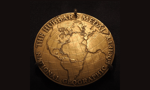 The Hubbard Gold Medal, featuring a relief map of the North Pole and a compass rose, awarded for excellence in exploration.