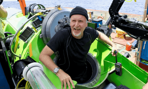 Director and explorer James Cameron sitting inside a high-tech deep-sea submersible.