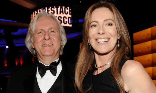 James Cameron and Kathryn Bigelow smiling together at the 82nd Academy Awards.