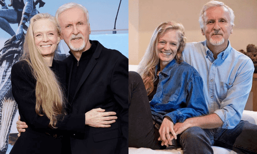 Director James Cameron and his wife Suzy Amis posing together on the blue carpet for an Avatar movie premiere.