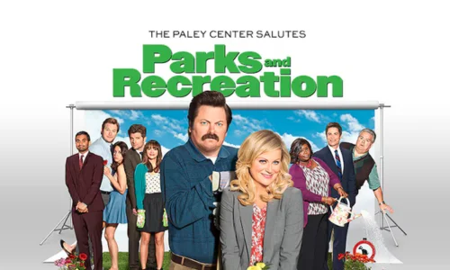 This image features the cast of the television sitcom Parks and Recreation. 