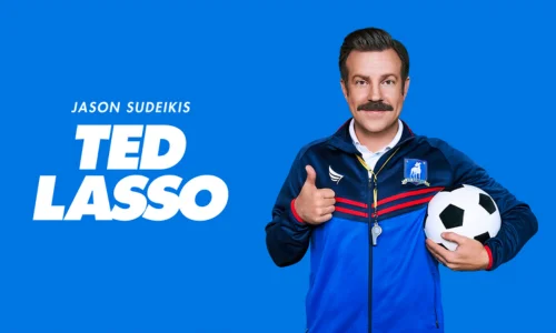 This image features actor Jason Sudeikis in his title role as Ted Lasso, the popular comedy-drama series. 