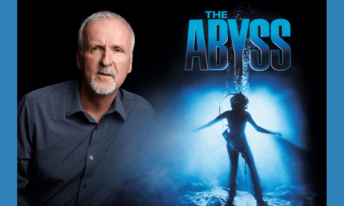 Movie poster for The Abyss showing a giant glowing water tentacle exploring a high-tech underwater station.