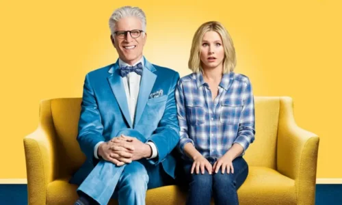 This image shows actors Ted Danson and Kristen Bell and Eleanor Shellstrop from the television show The Good Place. 