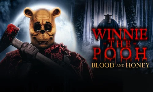 A dark, horror-themed version of Winnie the Pooh holding a sledgehammer in Blood and Honey.