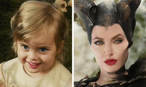 Angelina Jolie in full costume as Maleficent alongside her young daughter Vivienne Jolie-Pitt as Princess Aurora.