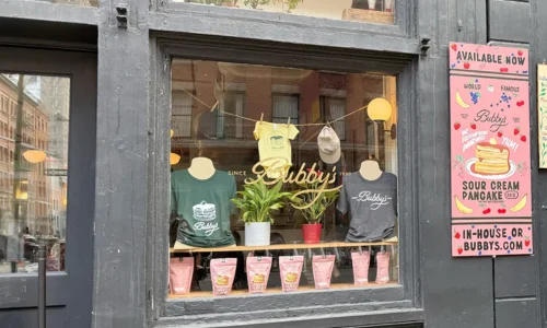 The exterior of Bubby's restaurant in Tribeca, featured as a meetup spot for characters in the film.