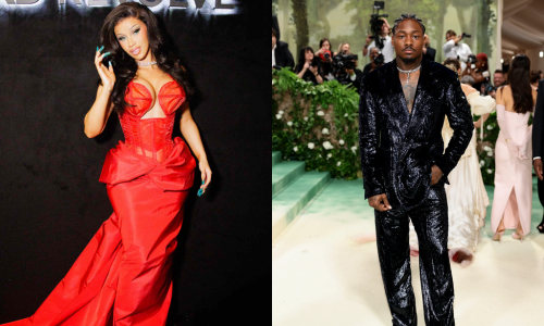 Cardi B in a dramatic black feathered ensemble walking with Stefon Diggs to a 2026 Met Gala after-party.