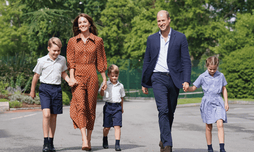 Prince George, Princess Charlotte, and Prince Louis walking together.
