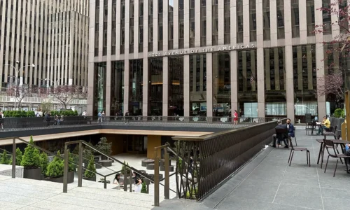 1221 Avenue of the Americas in Midtown Manhattan, the iconic skyscraper serving as the fictional Elias-Clarke headquarters.