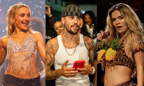 This image features musical artists Sabrina Carpenter, Justin Bieber, and Karol G performing at the Coachella 2026 festival.