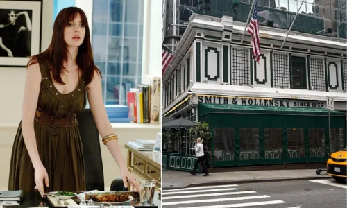 The exterior of Smith & Wollensky steakhouse in New York City, a returning location from the original film.