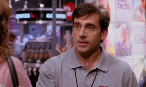 Steve Carell smiling during a promotional event for The 40-Year-Old Virgin.