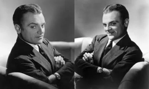James Cagney posing with folded arms in a classic black-and-white portrait