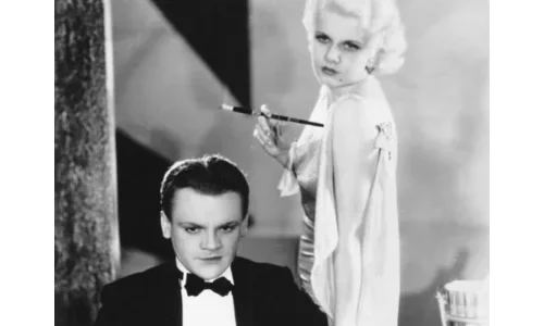 James Cagney in a tuxedo alongside a co-star in a classic black-and-white Hollywood film scene