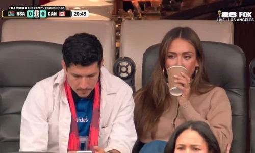 Jessica alba and danny ramirez watching world cup football match in the ground captured by fox channel