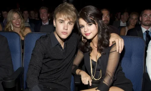 Musicians Justin Bieber and Selena Gomez sitting together at the 2011 ESPY Awards at the Nokia Theatre in Los Angeles. 