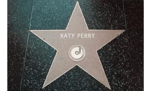 A close-up view of katty perry posthumous star on the Hollywood Walk of Fame.