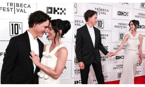 Katy Perry and Justin Trudeau holding hands on the Tribeca Festival red carpet.