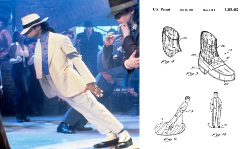 U.S. patent drawing of Michael Jackson’s anti-gravity shoes and stage lean mechanism