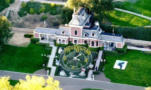 Aerial view of Michael Jackson’s Neverland Ranch with its clock garden and main entrance