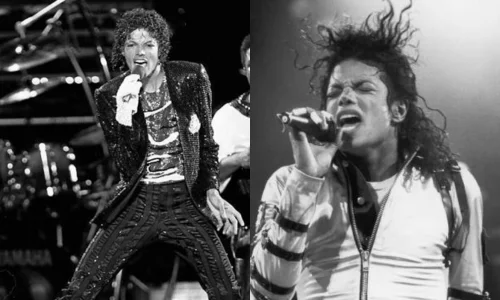 Michael Jackson performing on stage in a black-and-white concert black and white photo