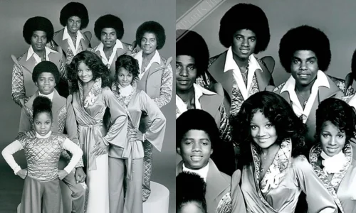 Black-and-white studio portrait of a young music group wearing matching stage outfits