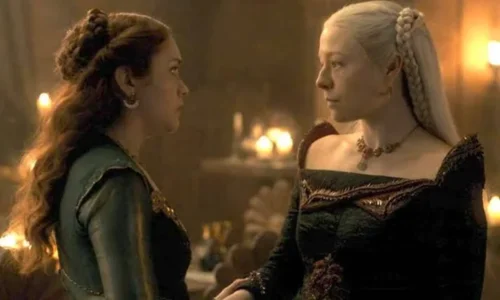 Side-by-side portrait profiles of Emma D'Arcy as Queen Rhaenyra and Olivia Cooke as Queen Alicent.