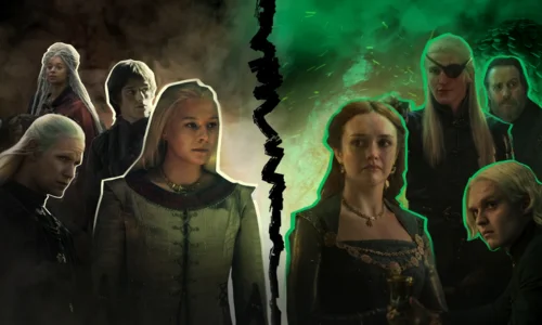 The competing green and black Targaryen family crest banners from House of the Dragon.