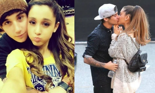 Collage of Ariana Grande and Jai Brooks kissing and taking a selfie.