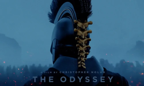 A cinematic movie poster for a film titled "The Odyssey," directed by Christopher Nolan.