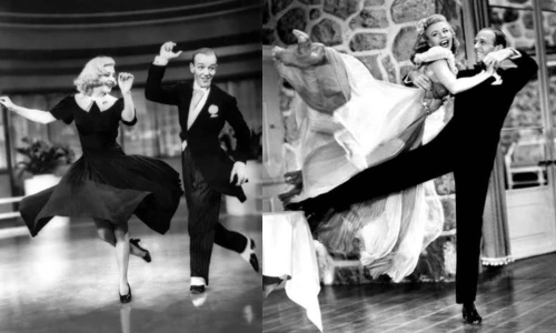 Ginger Rogers and Fred Astaire tap dance on a polished floor in a black and white photo, mid-motion in classic attire.