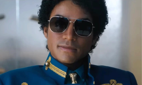 This image shows Jaafar Jackson portraying Michael Jackson in the 2026 biopic Michael.