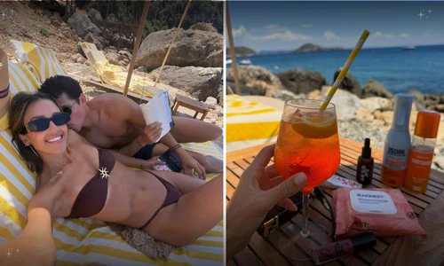 collage of jessica alba chilling her vacation in bikini with boyfriend