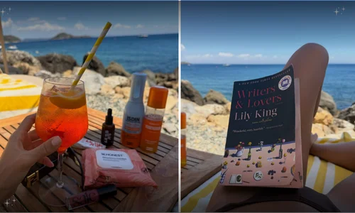 jessica alba enjoying hers italy vacation with drink and book