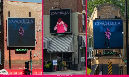 A street-level view of a black billboard advertising "Live from Coachella" featuring Justin Bieber in a red beanie and shirt.