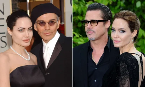 Side-by-side of Angelina Jolie on red carpets with Billy Bob Thornton in a beret (left) and Brad Pitt in a black suit (right).