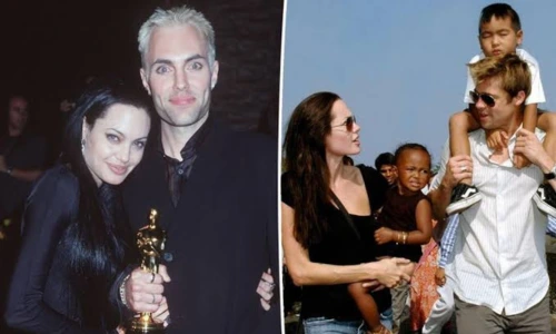Side-by-side of Angelina Jolie holding an Oscar with brother James Haven (left) and outdoors with Brad Pitt and kids (right).