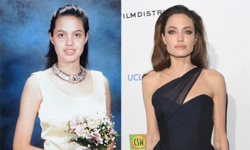 Side-by-side of Angelina Jolie in a white prom dress with flowers (left) and an elegant black red carpet gown (right).