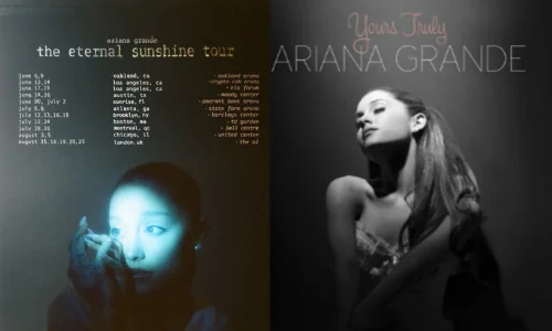 A concert tour poster for Ariana Grande's "the eternal sunshine tour.