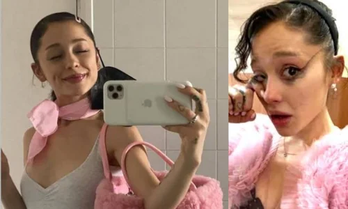 Ariana Grande wipes her face in a pink ruffled dress and black headband, revealing a heart tattoo on her finger.