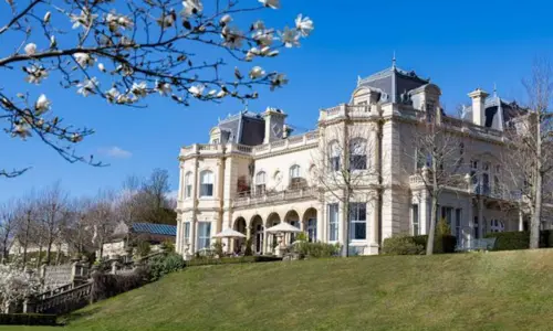 A grand white estate house at Beaverbrook framed by white spring blossoms on a tree branch and a clear blue sky.