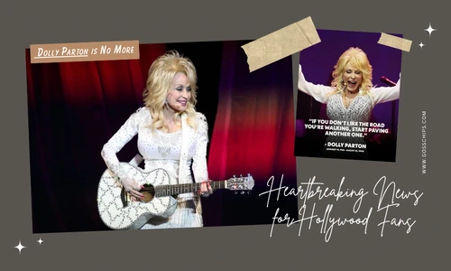 Photo of Dolly Parton on stage beside a graphic with fake "Dolly Parton Is No More" death hoax text.