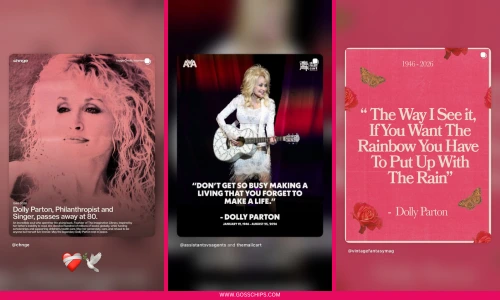 A pink graphic card bordered with red roses and green butterflies honoring the late country singer Dolly Parton.