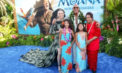 Dwayne Johnson, known as "The Rock," posed with his family at the Moana 2 recording studios
