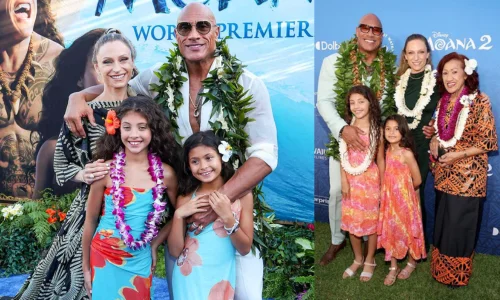 Dwayne Johnson poses with wife Lauren Hashian and their daughters in tropical outfits at the Moana 2 premiere event.